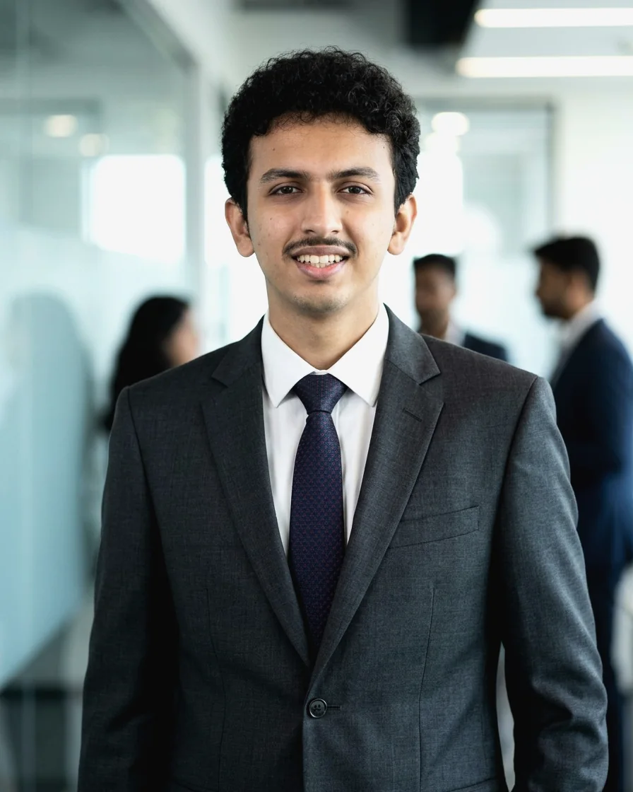 Shravan P Jois in a grey suit and tie, smiling in an office corridor with colleagues talking behind him.